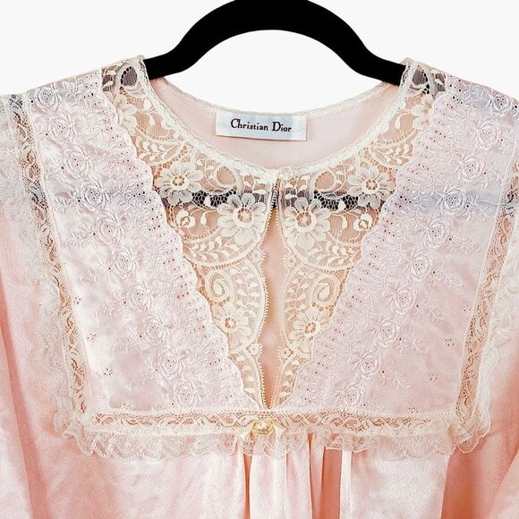 Christian Dior Vintage 80s Pale Pink Satin Lace Embroidered Nightgown Sz XL - Picture 14 of 16